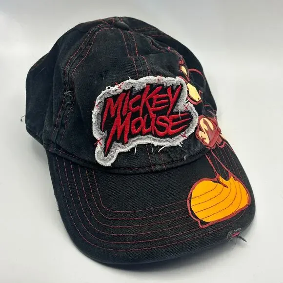 Disney Parks Mickey Mouse Youth Hat Distressed Black Red Embroidered Cap