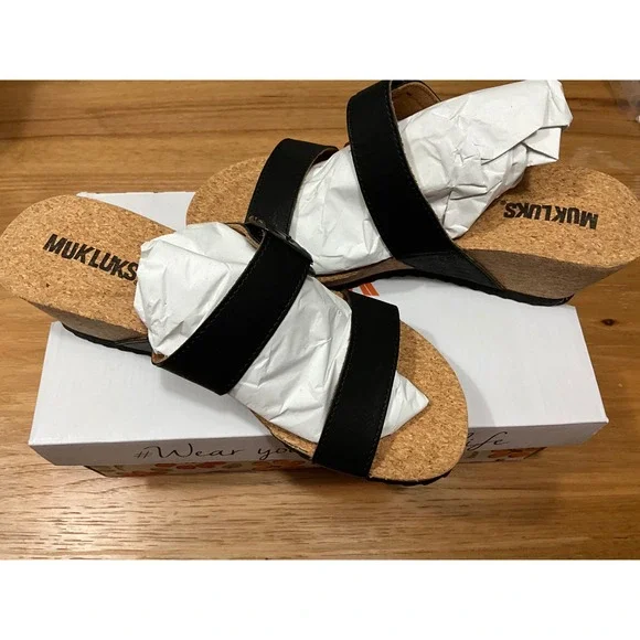 Muk Luks Womens Black‎ Faux Leather Cork Wedge Sandals Size 9 Dual Strap Slide