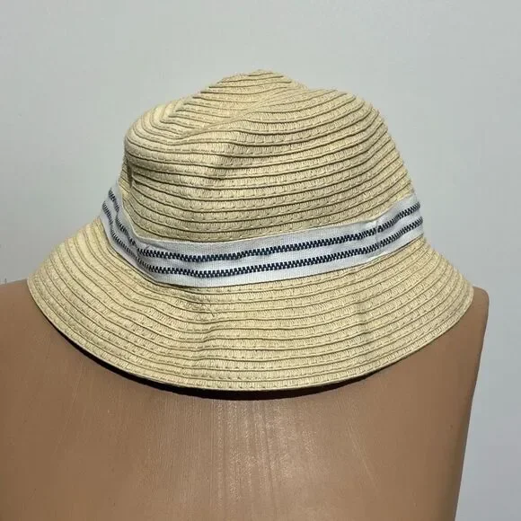 Caribbean Joe Kids Beige‎ Woven Straw Stripe Band Bucket Sun Hat One Size NWT