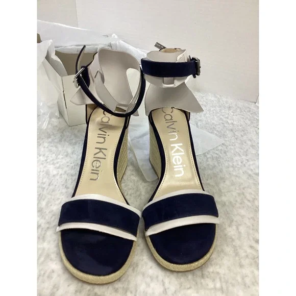 Calvin Klein Noshela Dark Blue White Espadrille Wedge Sandals‎ Womens 11 M NEW