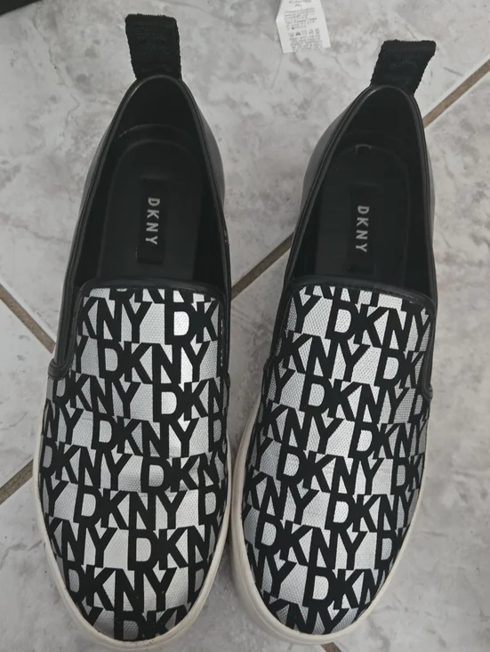 DKNY Black & White Logo Slip-On Wedge Sneakers