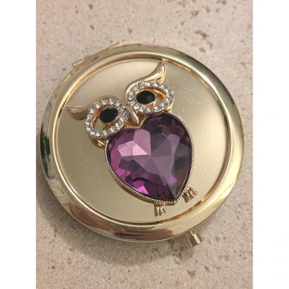 Gold Tone Mirror Compact With Owl  & Rhinestones Purple Cabachon Glossy
