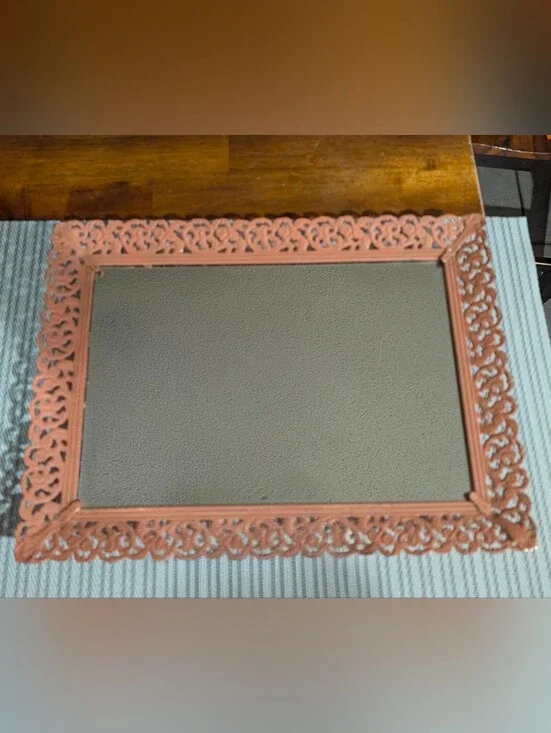 Vintage Filigree Vanity Mirror Tray Pink