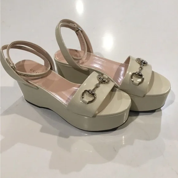 Gucci Ivory Leather Platform Wedge Sandals with Gold Horsebit Accent