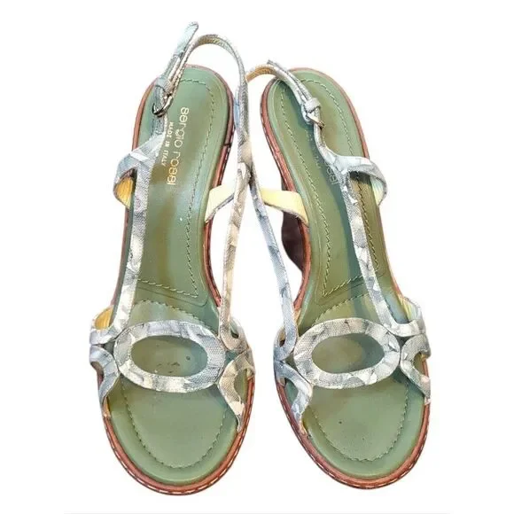 Sergio Rossi Y2K Green Patterned Leather Brown Wood-Look Heel Wedges SZ 39/ 8.5