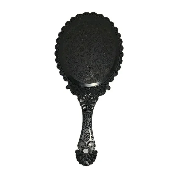 🪞 Vintage Style Black Handheld Vanity Mirror Ornate Floral Handle Plastic EUC‎