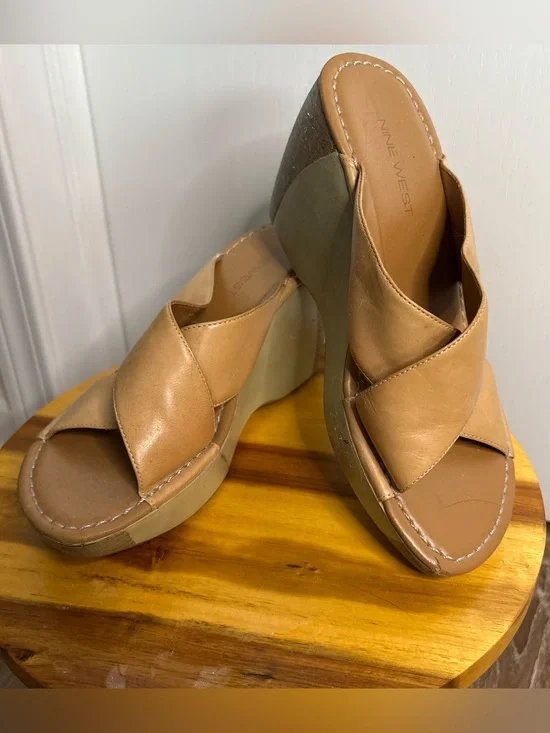 Nine West Sz 7M Leather Crossover Wedge Slide Sandals Comfort Women's Boho Y2K