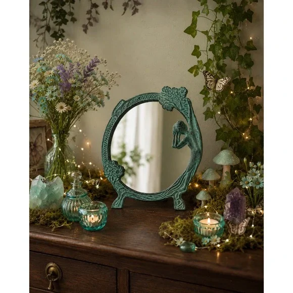 Vintage Art Nouveau Lady Tabletop Mirror Verdigris Metal Fairycore Mermaidcore