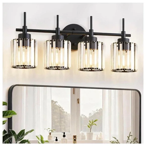 4 Light Round Crystal Vanity Lights Modern Black Crystal Wall‎ Light Bath Mirror