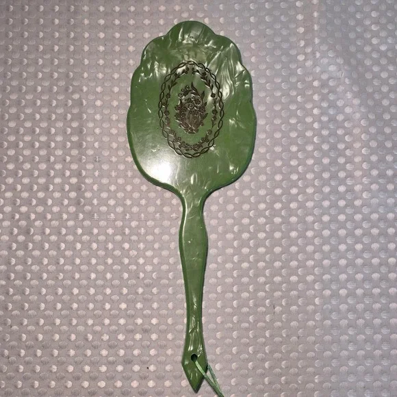 Vintage Green Celluloid Hand Mirror Marbled Pearlescent Decor 13.5
