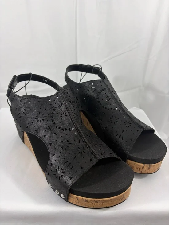 NWT Pop Womens Size 11 Wedge Cork Sandals Black Cutout Faux Leather