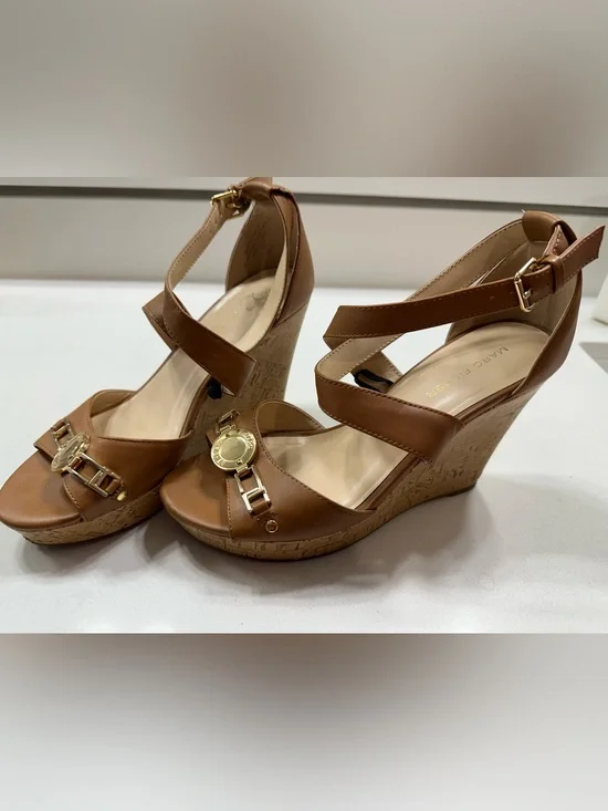 Marc Fisher Brown Leather Cork Wedge Sandals with Gold Hardware