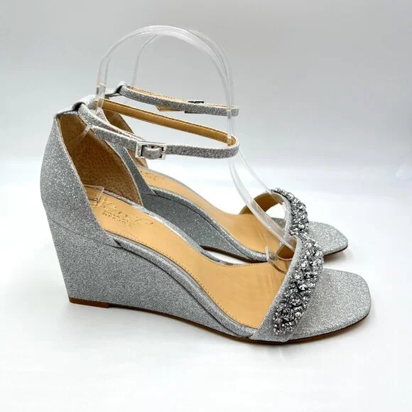 Jewel Badgley Mischka Size 9.5 Peggy Silver Jeweled Wedges Dress‎ Sandals Shoes