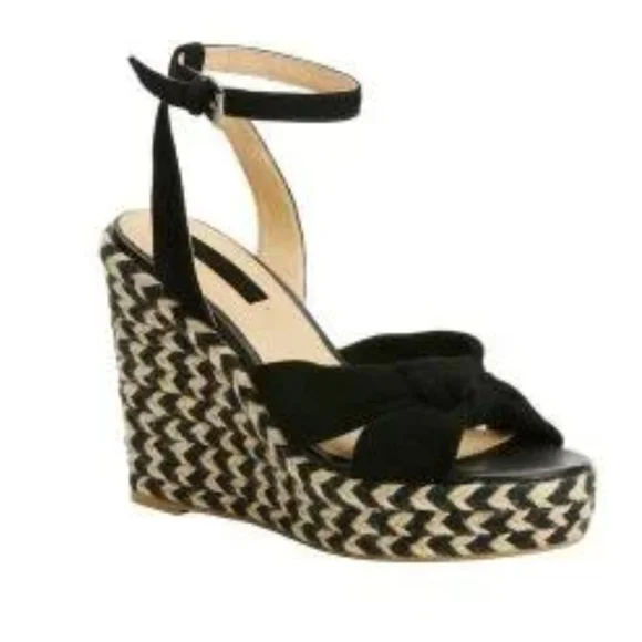 Frye Black Charlotte Twist Ankle Strap Wedge Sandals NWOT‎