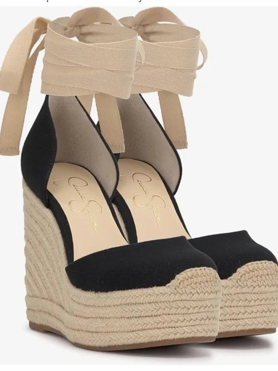 Jessica Simpson Black Canvas Espadrille Wedge Sandals with Beige Ankle Wrap