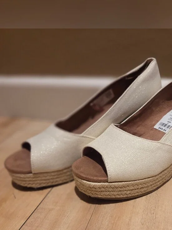 Toms Shimmer Cream Espadrille Wedge Peep-Toe - New W/tag