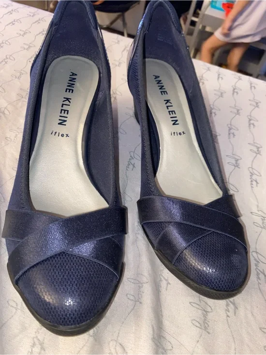 Anne Klein Navy Blue Iflex Women's Flats with Crisscross Detail