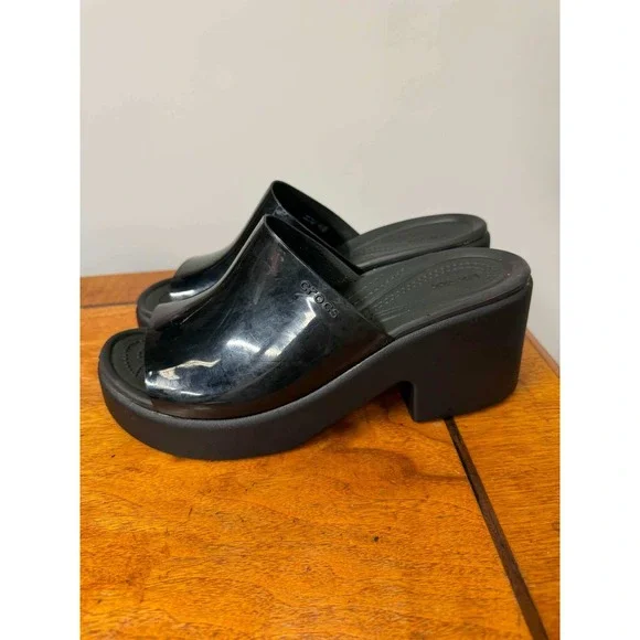 Crocs Women's 9 Brooklyn High Shine Heeled Mules Black Platform Wedge Slides