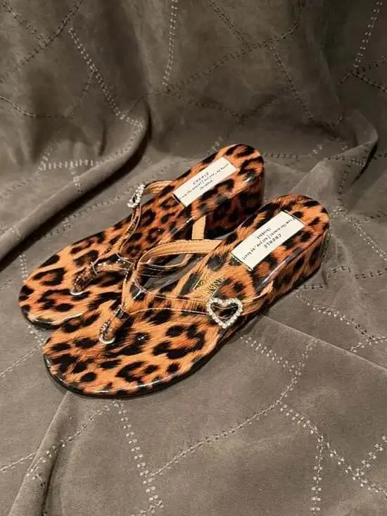 Trivaya Women's Leopard Print Rhinestone Heart Wedge Sandals