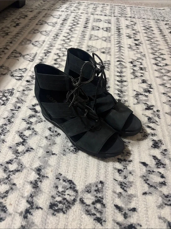 Sorel Black Lace-Up Wedge Sandals