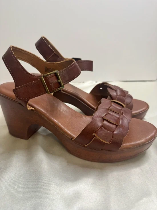 b.o.c. Brown Braided Leather Wedge Sandals