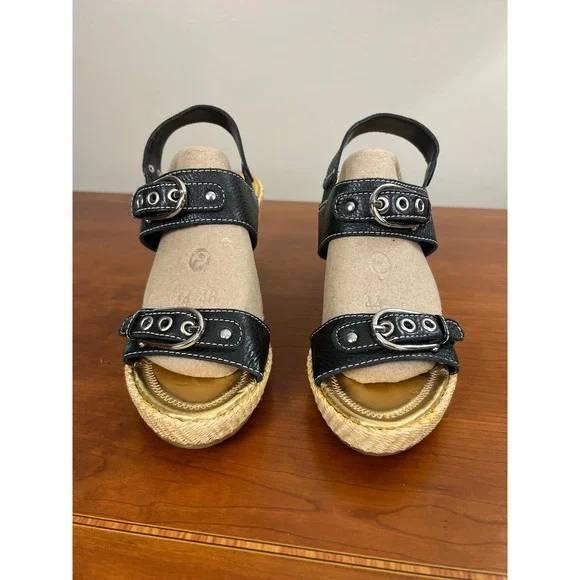 Antonio Melani Ashlee Black Leather Raffia Wedge Sandals Platform Buckle Sz 9.5