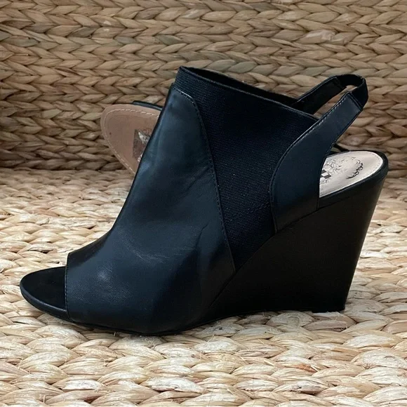 Vince Camuto Open Toe‎ Wedge Booties Black Leather