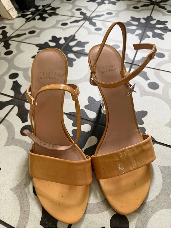 Stuart Weitzman Patent Tan Leather Wedge Sandals