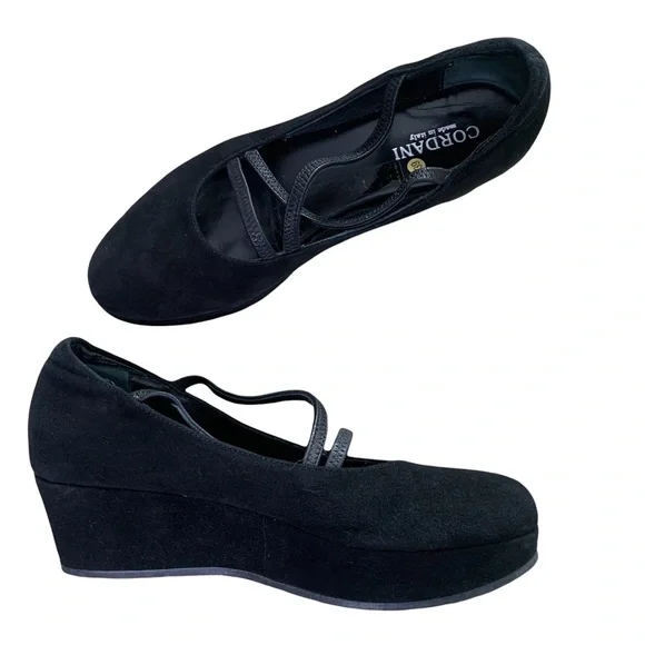 Cordani  Italian Black Suede Leather Pump Wedge Mary Jane Style Size 39