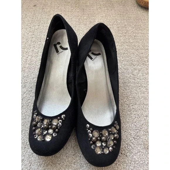Report Wedge Heels Womens 8 Black Rhinestone‎ Embellished Low Pump Evening Glam