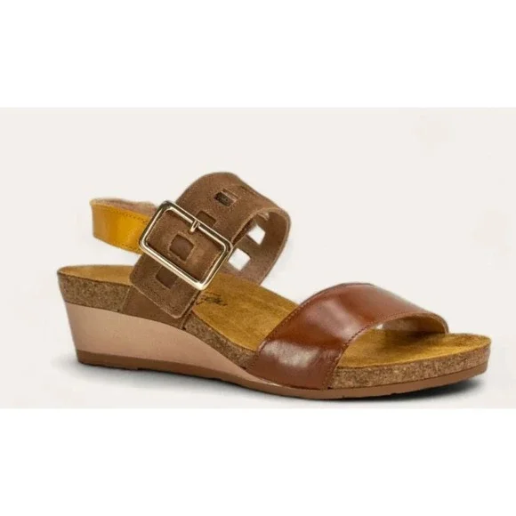Naot Dynasty Wedge Sandal Brown Leather Gold EU 41 US 10 Comfort Minimalist $170
