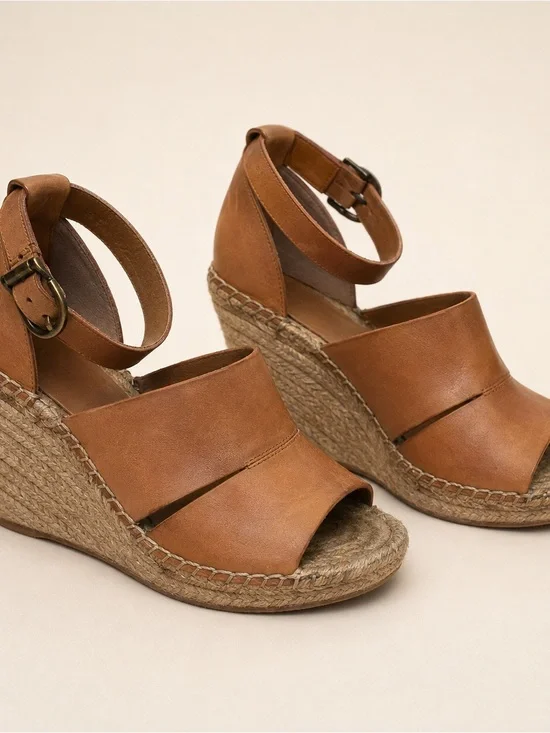 Tan Espadrille Wedge Sandals with Ankle Strap