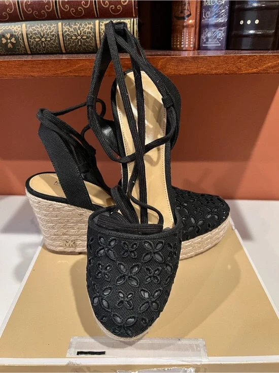 Michael Kors Black Floral Lace Espadrille Wedge Sandals with Ankle Tie