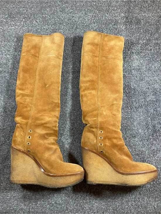 Women’s Tall Wedge Suede Boots in Tan