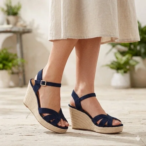 American Eagle Womens Size 9 Navy Blue‎ Espadrille Wedge Sandals Open Toe Chic