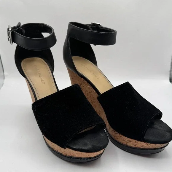 Marc Fisher MFHILLORY Wedge Sandals Women Size 8M‎ Black Leather Cork Read