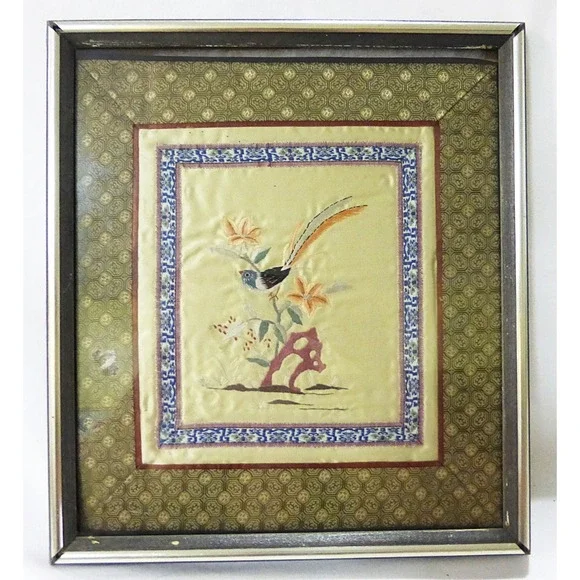 Vintage Embroidered oriental flower bird picture silk fabric frame