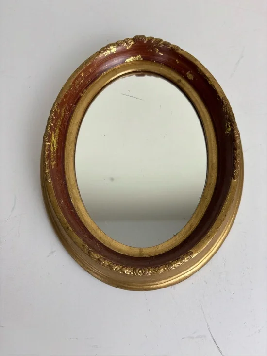 Small vintage oval wall mirror-gold /garnet red