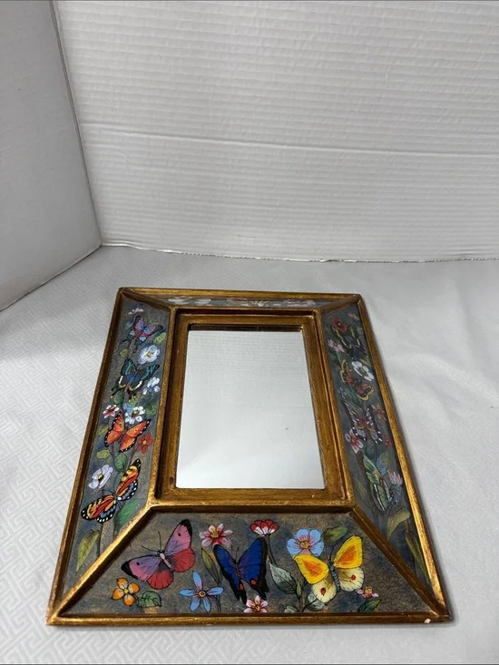 Vtg Peruvian Reverse Painted Mirror Vibrant Color Intricate Floral & Butterflies