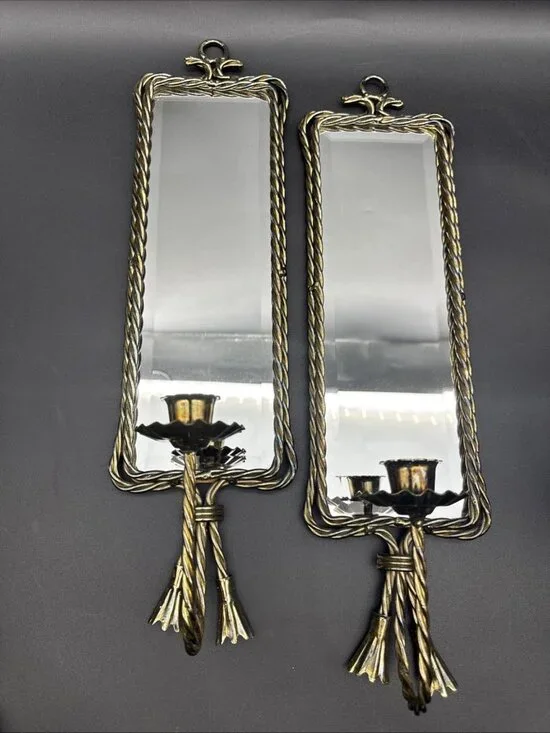Vtg Midcentury French Gold Twisted Metal Rope Tassel Mirrored Candle Sconce Pair