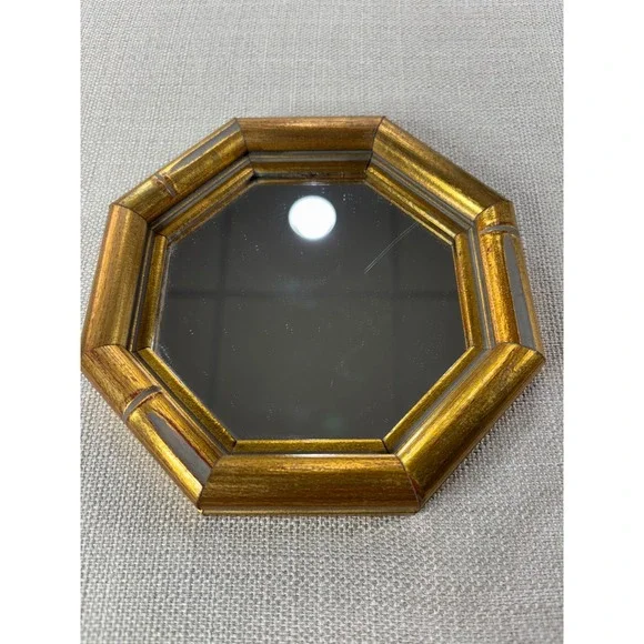 Octagon Bamboo Style Wall Mirror Decor with Brass/Gold Frame 6.5