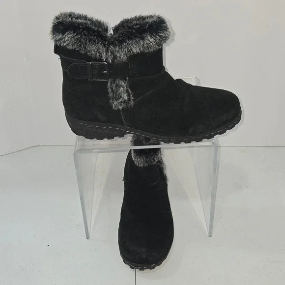 Khombu Lindsey Black Suede Faux Fur Trim Winter Ankle Boots Womens Size 8M