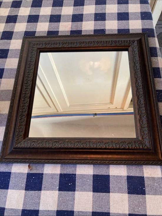 Decorative Square Wall Mirror with Carved Dark Brown Frame