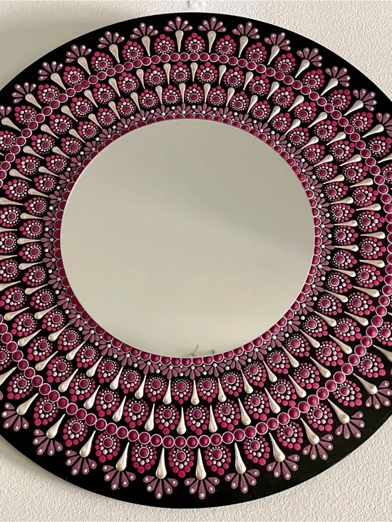 Hand painted Decorative Pink Dot Mandala Wall Mirror 16 inch wood round