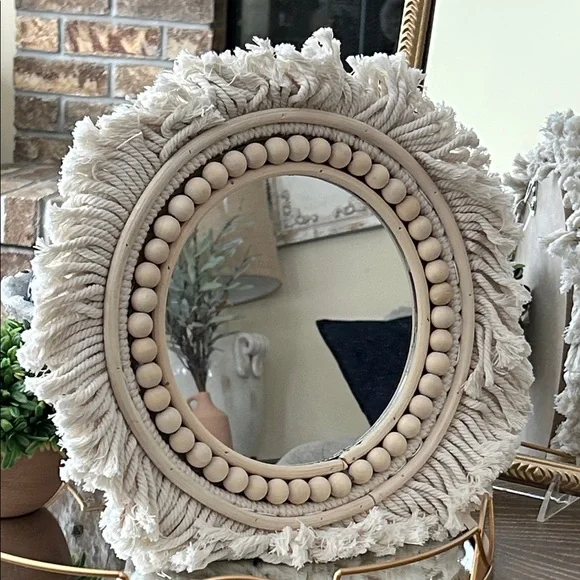 NEW! Vintage Inspired Cream Bohemian Macrame & Wood Beaded Fringe Wall Mirror
