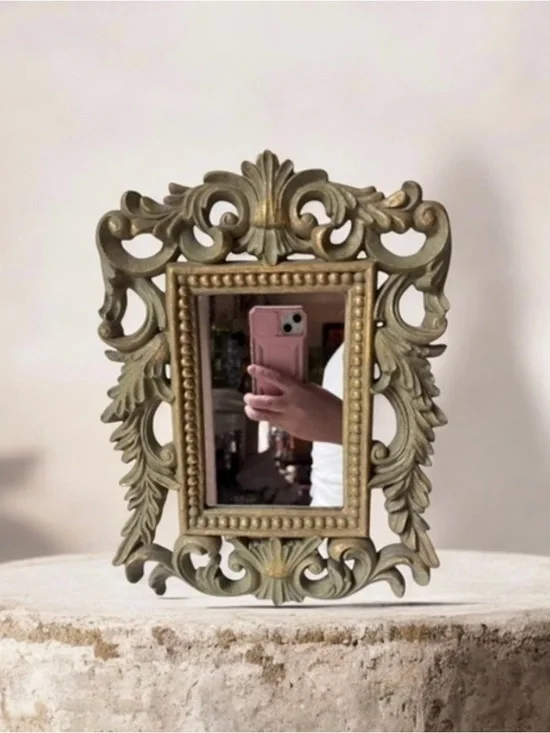 Ornate Vintage Decorative wall Mirror in Antiqued Gold and Green