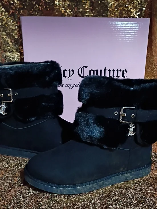 Juicy Couture Black Faux Fur Ankle Boots with Buckle Charm