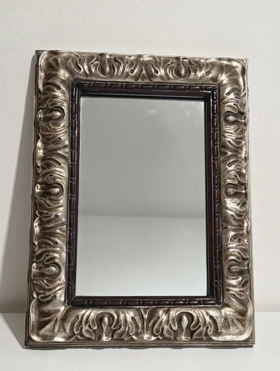 Vintage 1998 Bombay Company Mirror Ornate Burnished Silver Accent Frame Gold 16