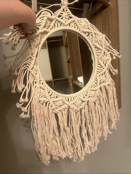 Handcrafted Macrame Fringe Wall Mirror - Cream