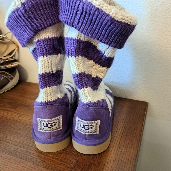 UGG Australia Classic Cardy Purple Cream Striped Knit Boots 5996 Womens 4